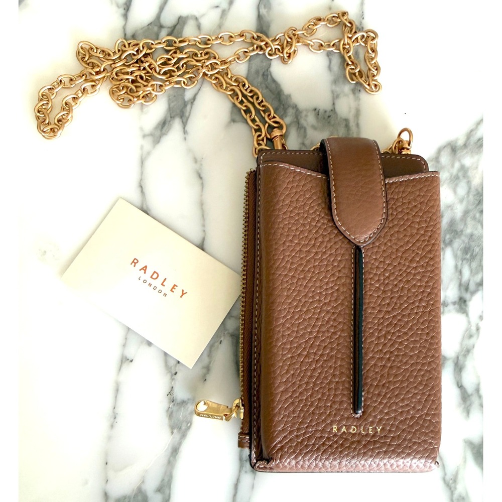 Radley London Brown Pebbled Leather Phone Crossbody Bag Wallet Chain Strap